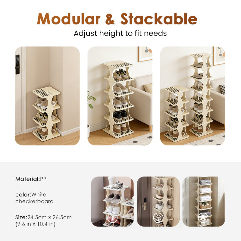 ClariStack Schuh-Organizer in Nutzung, gefüllt mit verschiedenen Schuhen; perfektes Ordnungssystem.