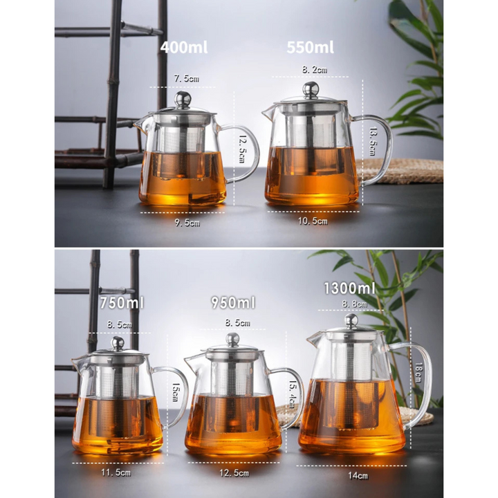 Borosilikatglas Teekanne mit integriertem Edelstahl-Teesieb, perfekt für losen Tee & einfache Reinigung.