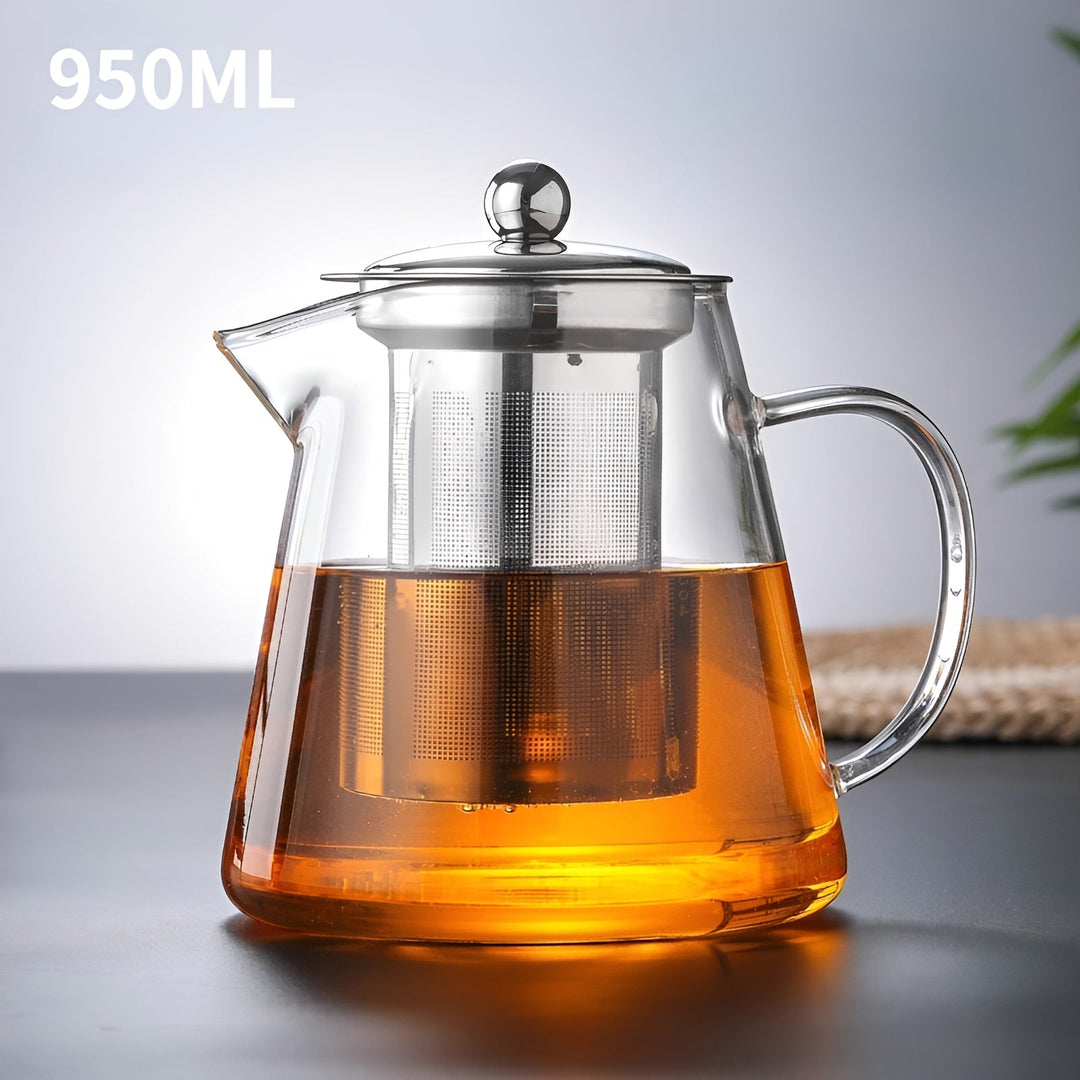 Robuste Borosilikatglas Teekanne, hitzebeständig und spülmaschinenfest, mit feinem Teefilter.