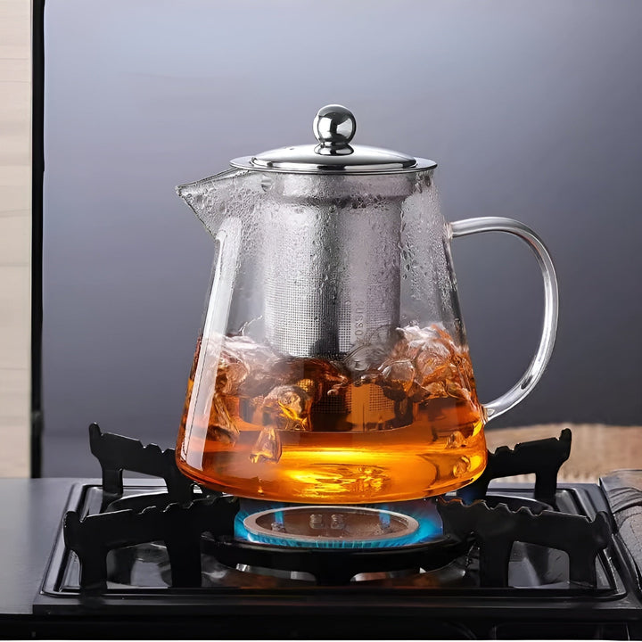 Transparente Borosilikatglas Teekanne, ideal für losen Tee & Kräuter, mit feinem Edelstahlfilter.