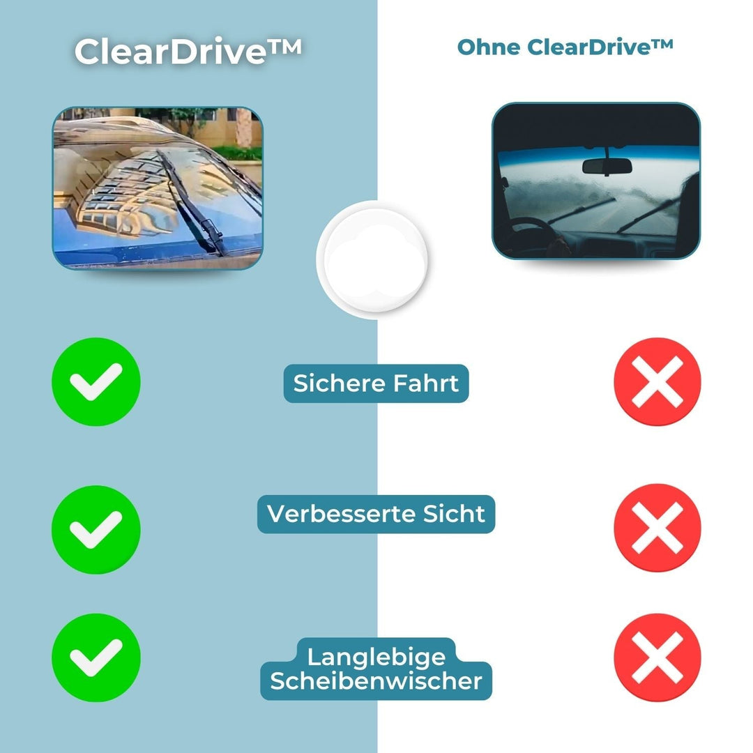 Vergleich: Hälfte der Scheibe mit ClearDrive versiegelt für hervorragenden Regenabweiser-Effekt.