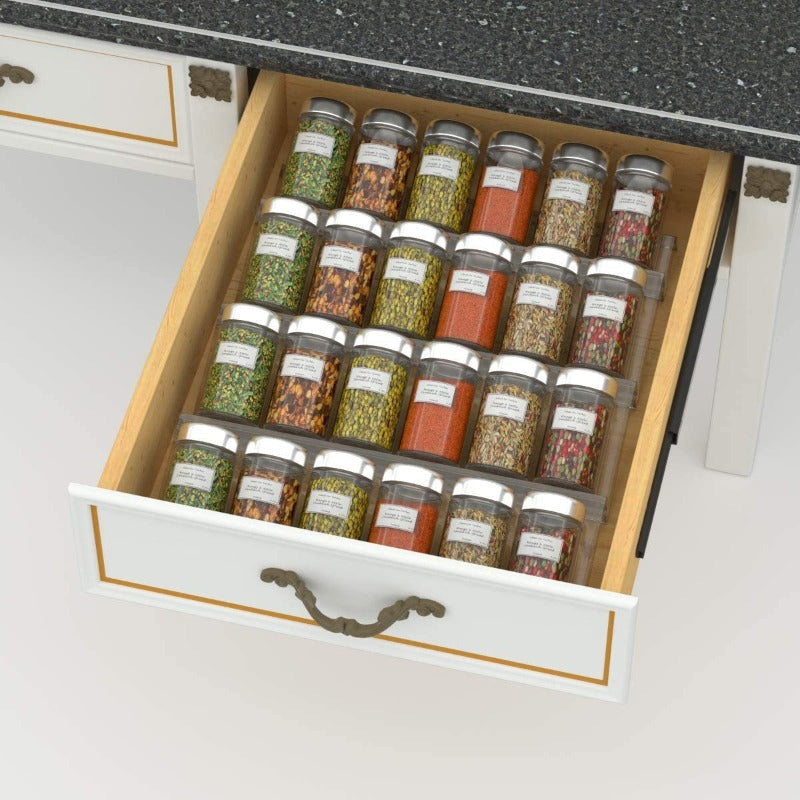 Eleganter ClearSpice Gewürz-Organizer aus Acryl für Schubladen. Transparentes Design schafft Übersicht in der Küche.