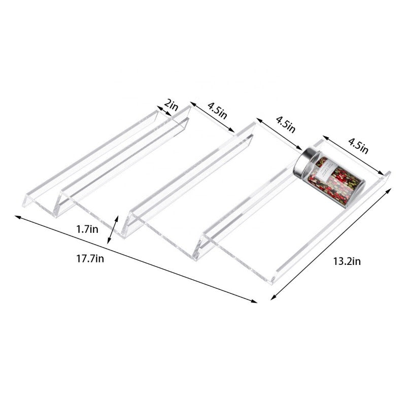 ClearSpice Acryl-Gewürzregal für Schubladen. Transparentes Design bietet perfekte Sicht auf alle Gewürze in der Küche.