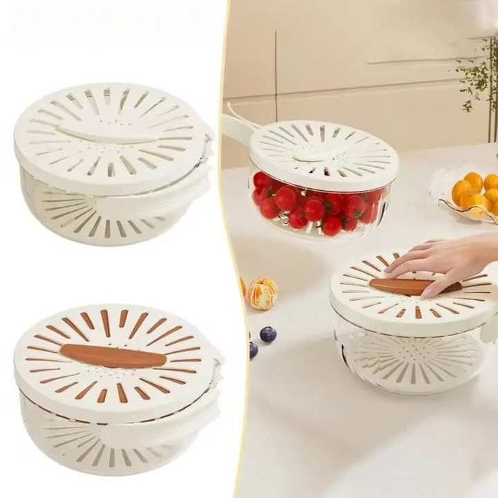 Cleveres 2-in-1 Abtropfsieb und Frischhaltedose für Obst & Gemüse, ideal für Ihre Küchenorganisation.