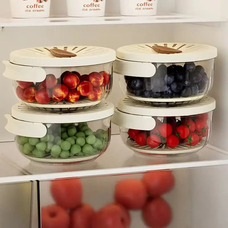 Platzsparender Küchenhelfer: 2-in-1 Abtropfsieb & Frischhalteschale, optimiert Ihre Küchenorganisation.