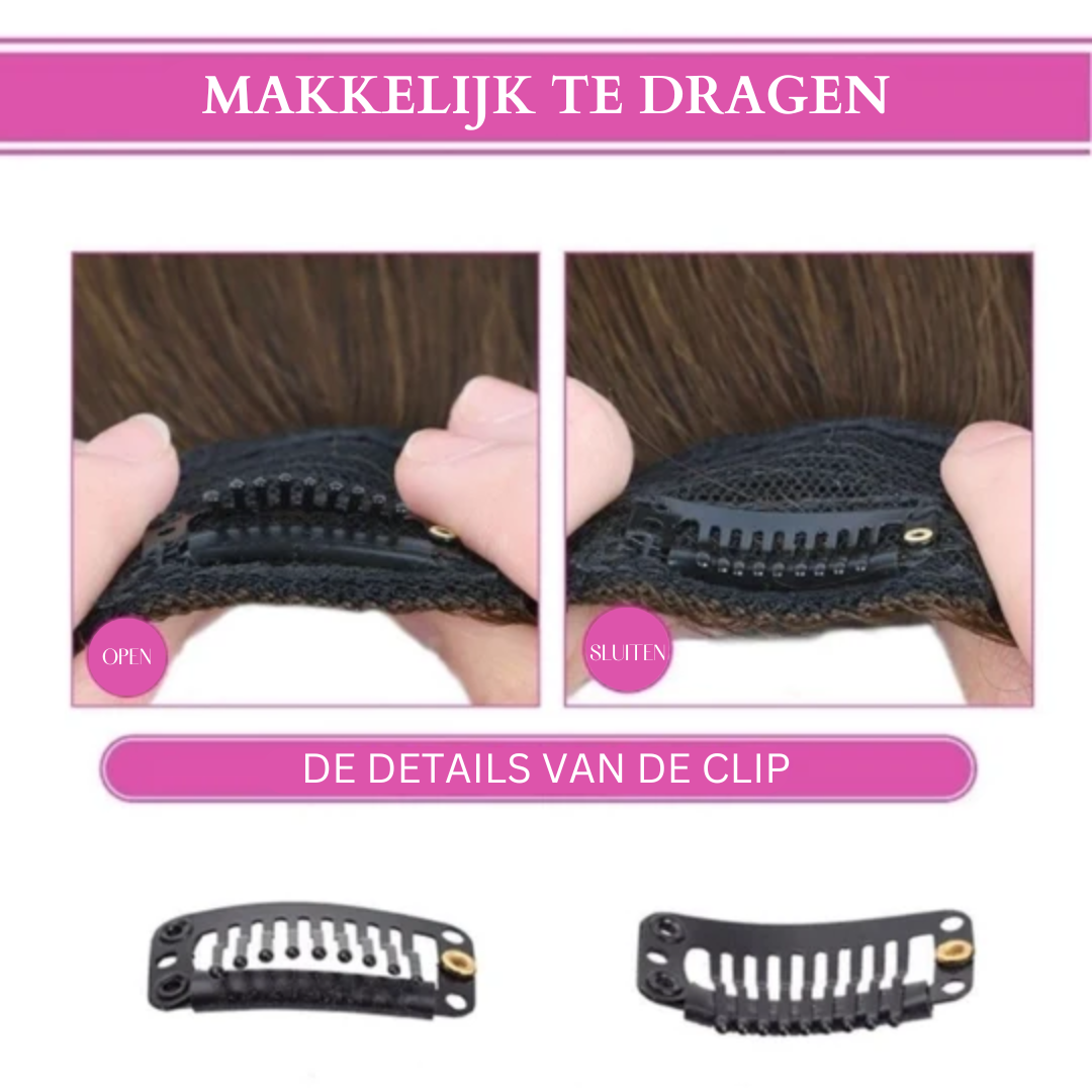 Clip-in Echthaar Pony-Verlängerung für natürlichen Look, Volumen und Länge. Einfaches Beauty-Accessoire.