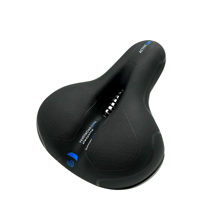 Schwarzer, ergonomischer Fahrradsattel m. dezentem Logo, bietet maximale Anpassungsfähigkeit u. Komfort.