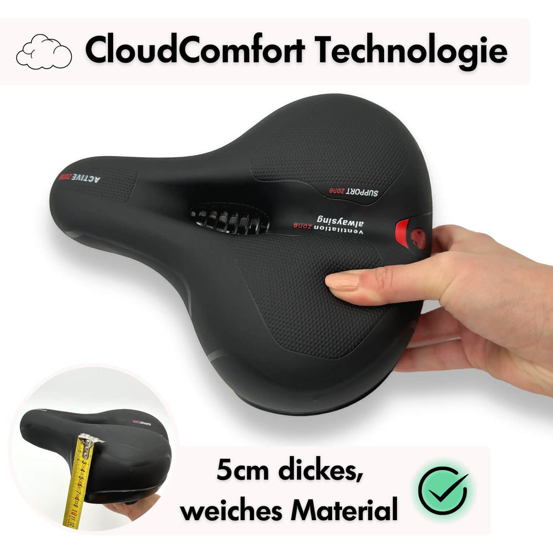 Druckentlastender Gel-Fahrradsattel, der dank ergonomischer Form langen Radtouren Schmerz vorbeugt.