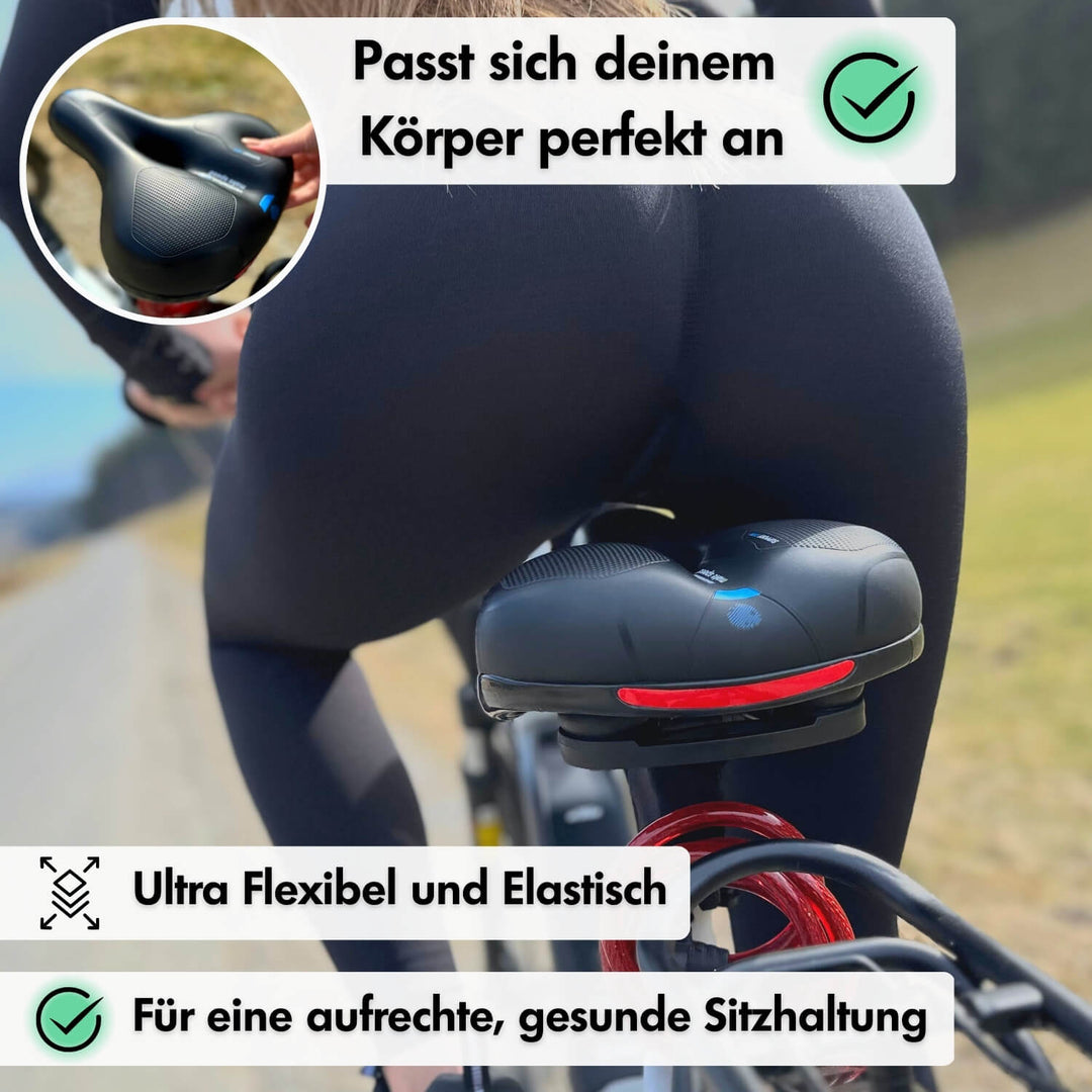 Detailaufnahme d. CloudComfort Pro Fahrradsattels m. atmungsaktiver Oberfläche u. Gel-Einlagen.