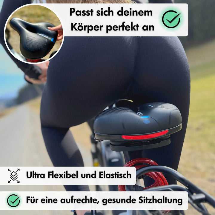 Detailaufnahme d. CloudComfort Pro Fahrradsattels m. atmungsaktiver Oberfläche u. Gel-Einlagen.