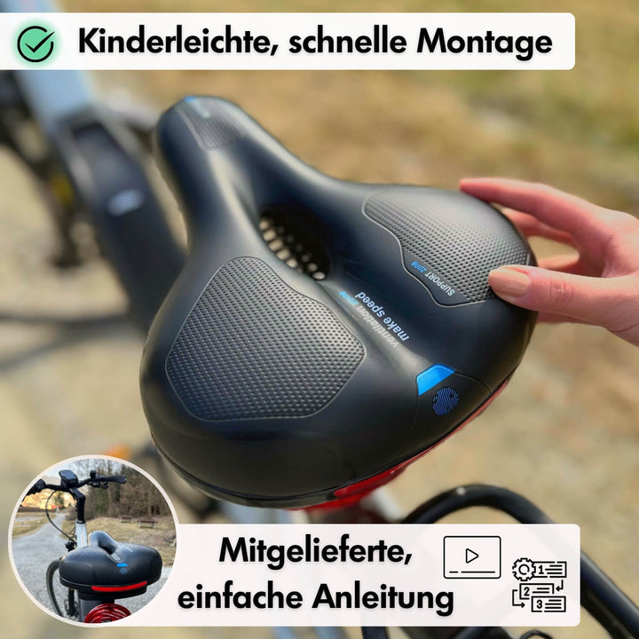 Atmungsaktiver Fahrradsattel aus Memoryschaum f. optimalen Fahrkomfort u. verbesserte Belüftung.