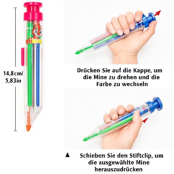 Kompakter ColorFlip KidsPen, ein 8-in-1 Mehrfarben-Buntstift. Perfektes Kindergeschenk für kleine Künstler.