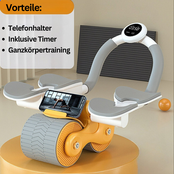 Frontansicht des CoreRoller Max Fitnessrads, bereit für intensives Workout.