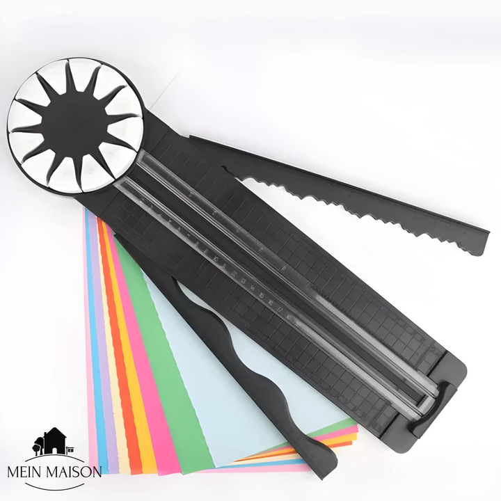 Zeigt den CraftEdge Präzisionsschneider in Aktion beim Schneiden von farbigem Bastelpapier.