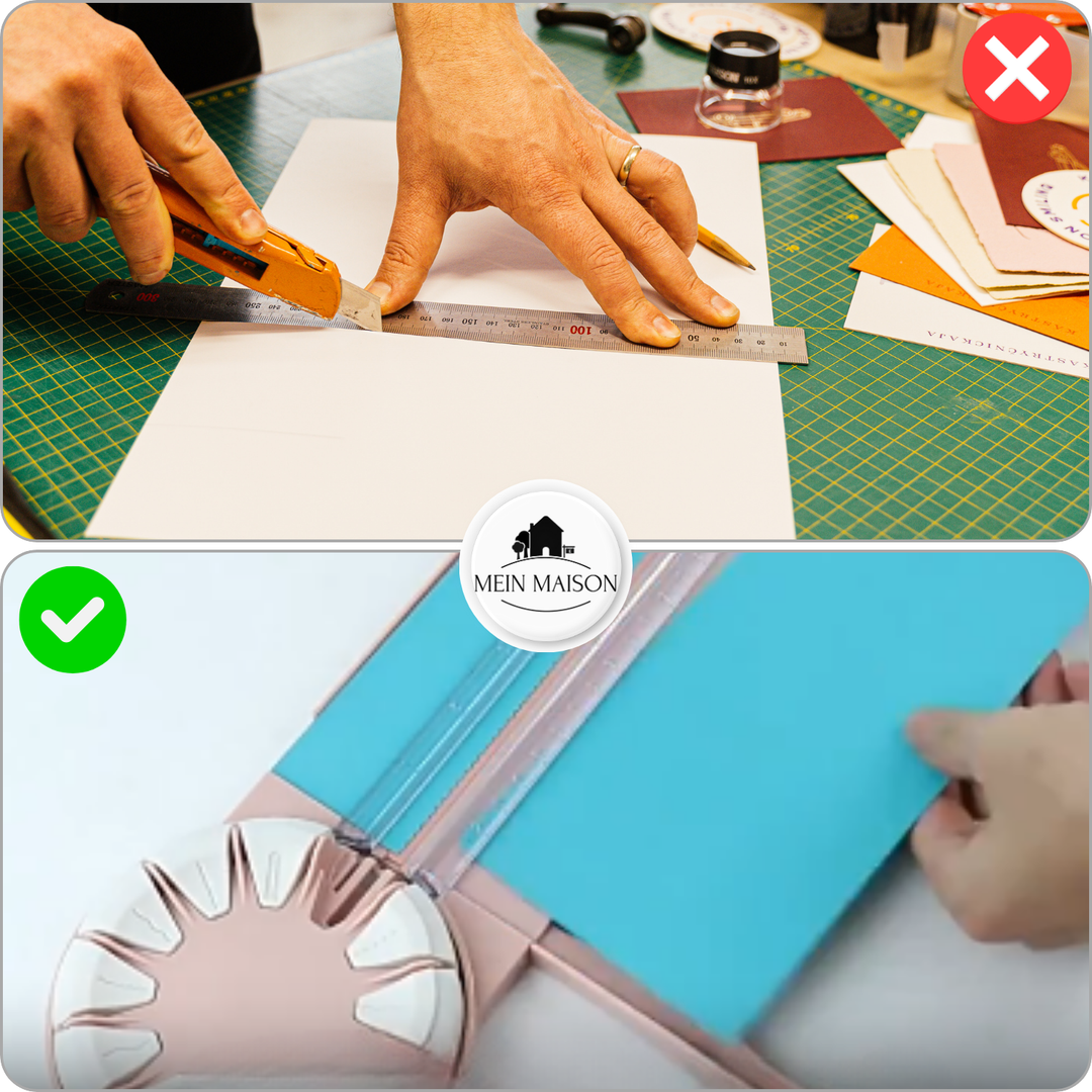 Der CraftEdge Präzisionsschneider neben fertigen Scrapbook-Seiten & selbstgemachten Karten.