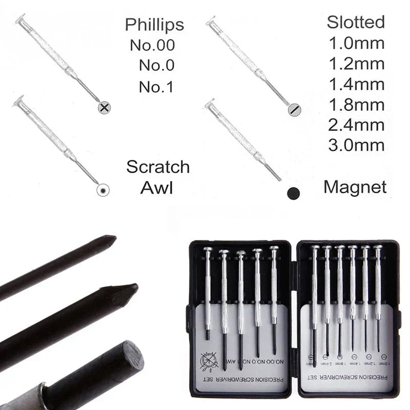 Hochwertiges Mikro-Schraubendreher-Set (11-teilig) für Uhrmacher, Brillenreparatur und Feinmechanik im Etui.