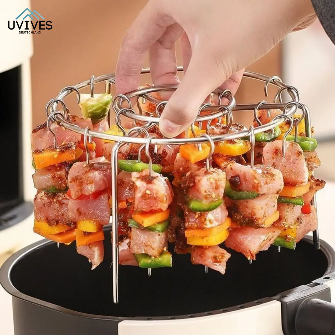 CrispGrill Set für Heißluftfritteuse: rauchfreies, fettarmes Grillen mit Edelstahl-Zubehör.