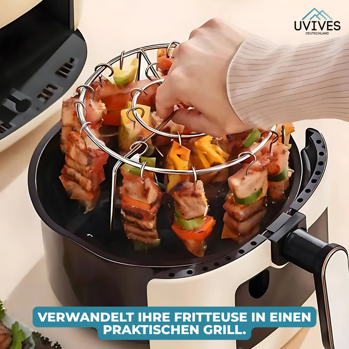 Edelstahl Grillrost des CrispGrill Sets für Heißluftfritteusen, ideal für knusprige Ergebnisse.