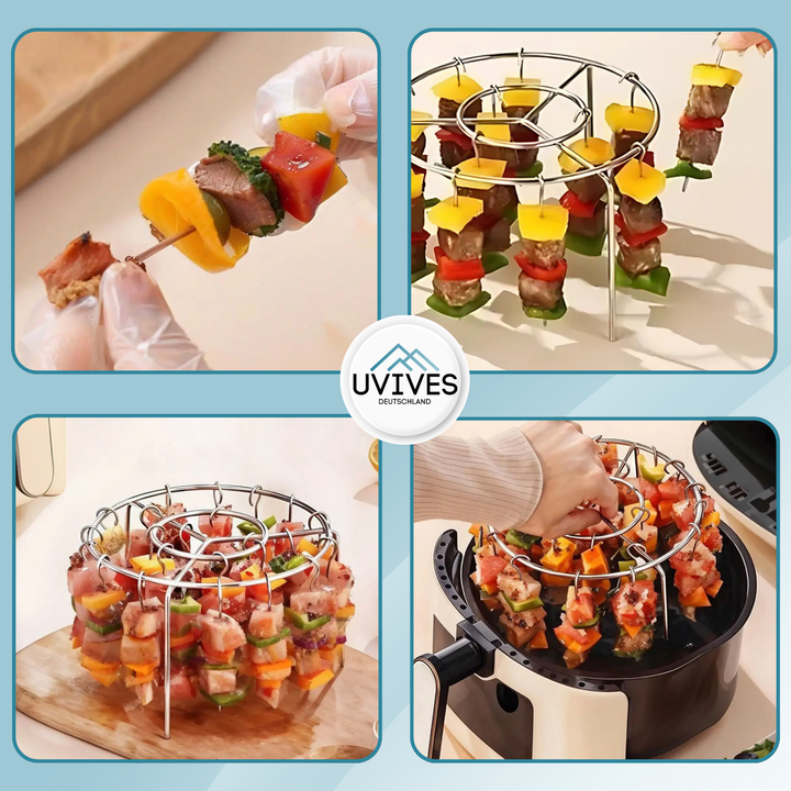 Vielseitige Grillspieße aus Edelstahl, Teil des CrispGrill Sets für Heißluftfritteusen.