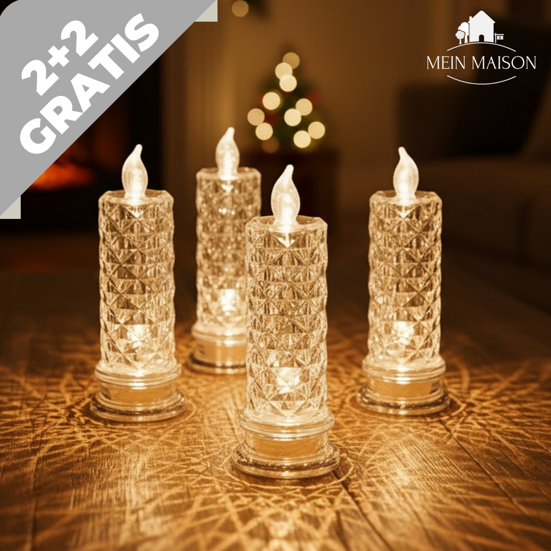 CrystalGlow LED-Kerzen mit funkelndem Kristalleffekt, flammenlos und sicher für stimmungsvolles Ambiente zu Hause.