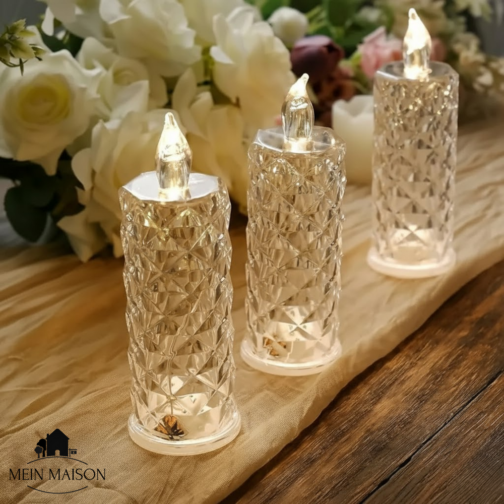 LED-Kerzen CrystalGlow mit einzigartigem Kristalleffekt und sanftem Farbwechsel für magische Dekoration.