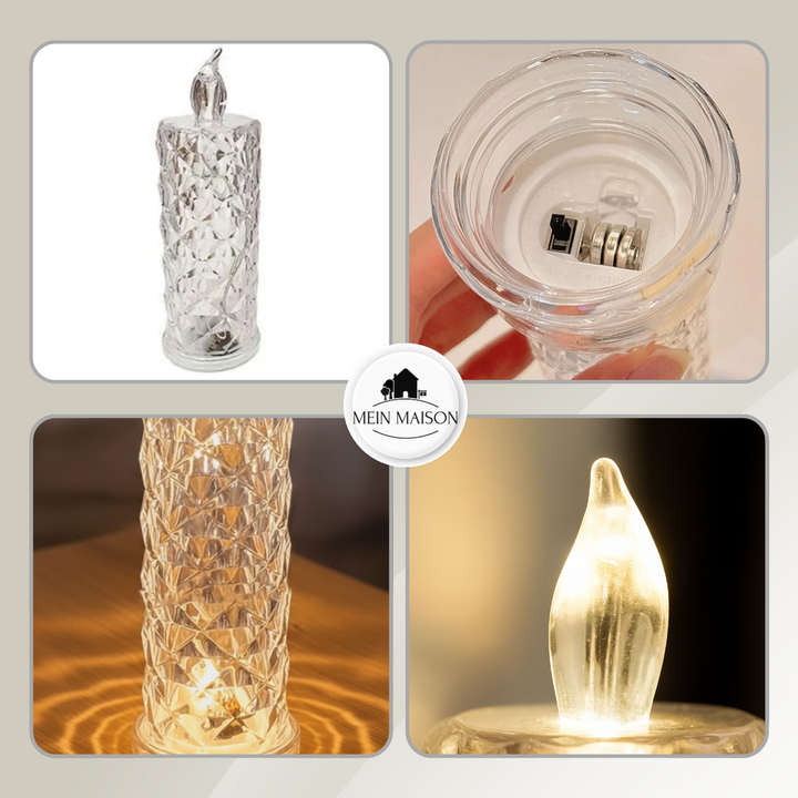 Sichere, flammenlose CrystalGlow LED-Kerzen mit funkelndem Kristalleffekt, ideal für gemütliche Beleuchtung.