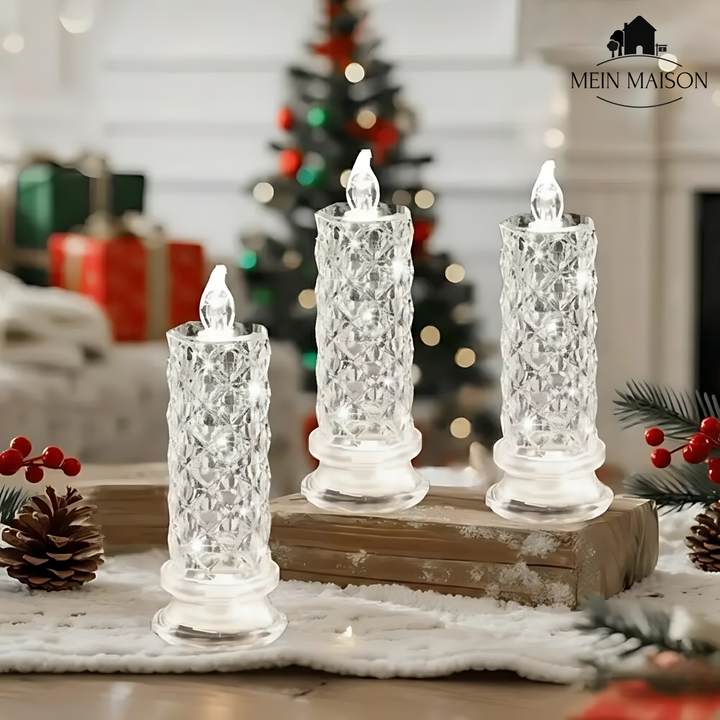 Set von CrystalGlow LED-Kerzen in verschiedenen Größen, erzeugt funkelndes, sicheres Licht für Wohnaccessoires.
