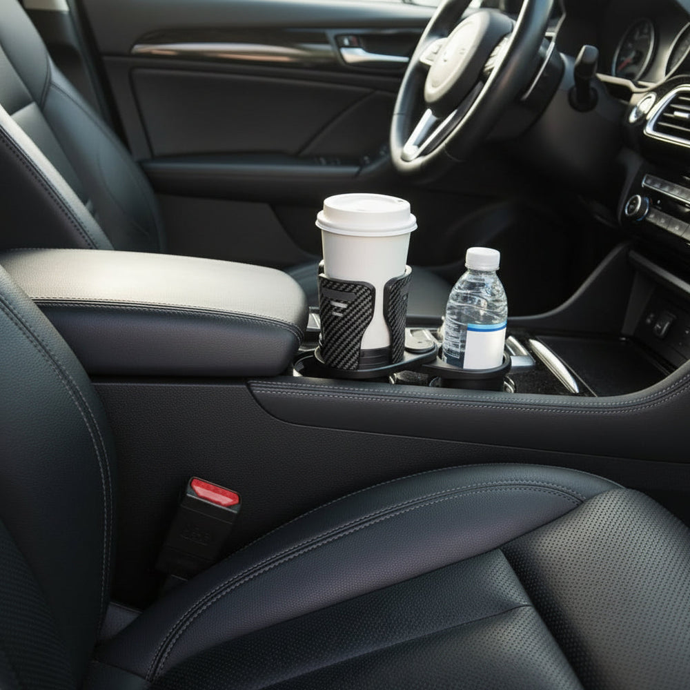 Flexibler 360° drehbarer Auto-Getränkehalter CUPSWIVEL für zwei Getränke. Verbessert die Auto-Organisation.