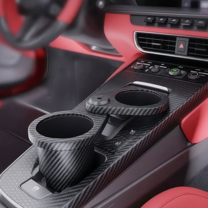 Innovativer Doppel-Becherhalter CUPSWIVEL für Auto. Hält sicher zwei Getränke, drehbar für einfachen Zugang.