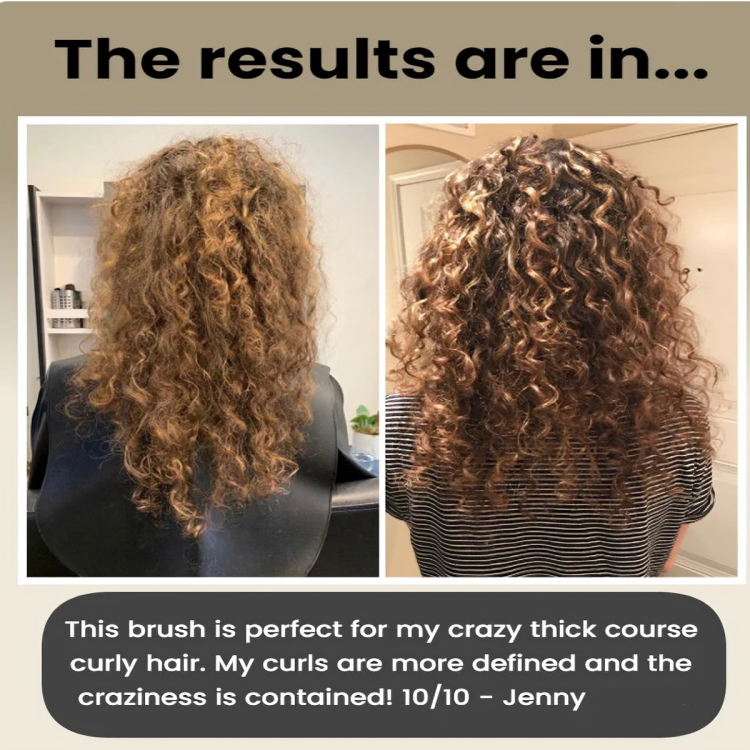 Ergonomische CurlEase Haarbürste mit speziellen Borsten für müheloses Locken-Styling ohne Frizz.