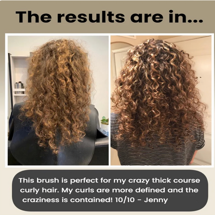Ergonomische CurlEase Haarbürste mit speziellen Borsten für müheloses Locken-Styling ohne Frizz.