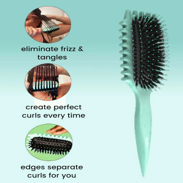 Grüne und beige CurlEase Haarbürste zur Pflege und Definition von Locken für frizzfreies Haar.