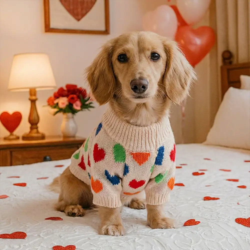 Kuscheliger Dackel-Pullover mit Herz-Design. Hält Ihren Dackel warm & stilvoll, ideale Hundemode und Hundezubehör.