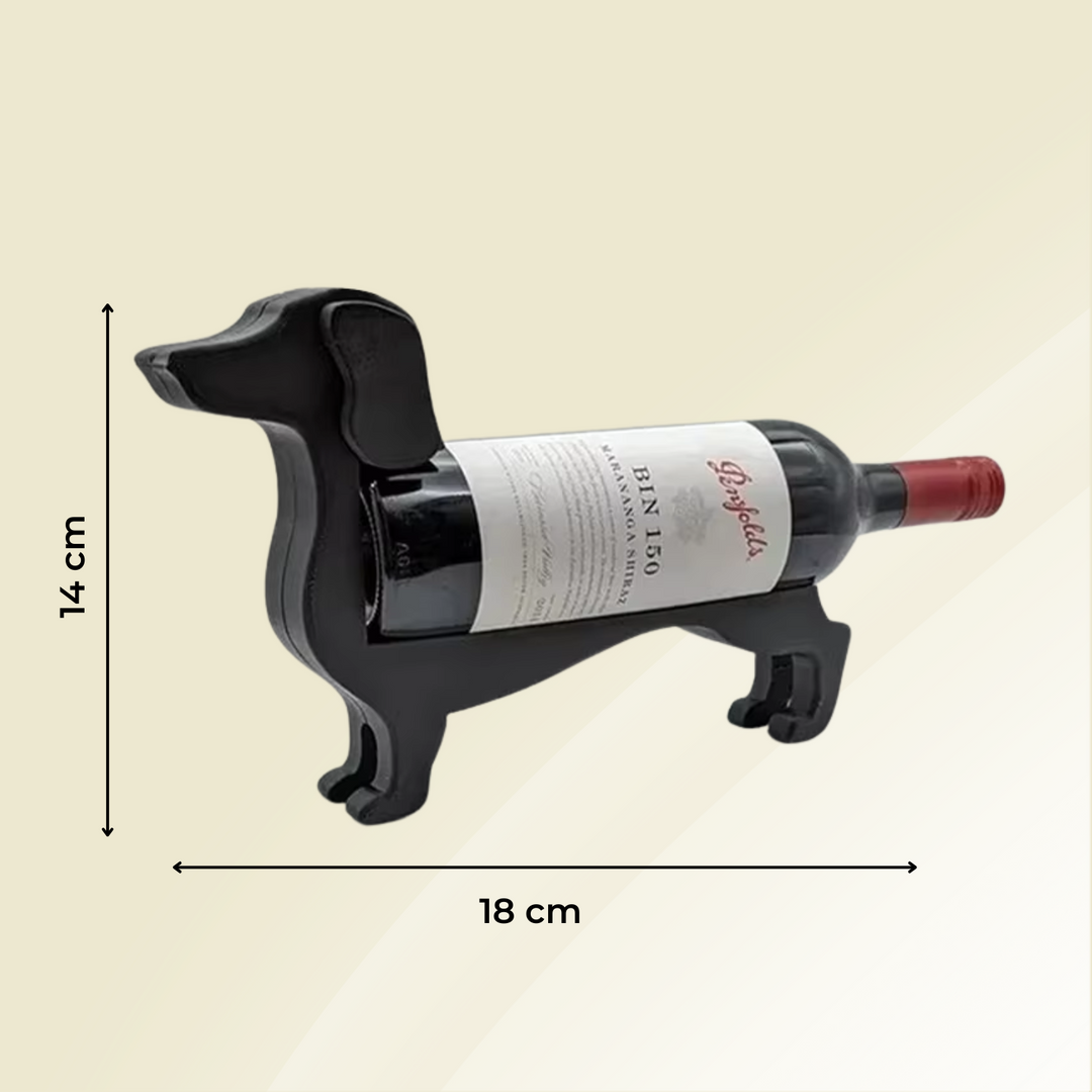 Gelber Dackel Weinflaschenhalter, lebendige Tischdeko. Ein originelles Wohnaccessoire für Weinliebhaber.