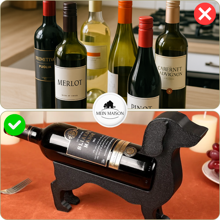 Roter Dackel Weinflaschenhalter, fröhliches Küchenaccessoire. Tolle Dekoration für Weinliebhaber.