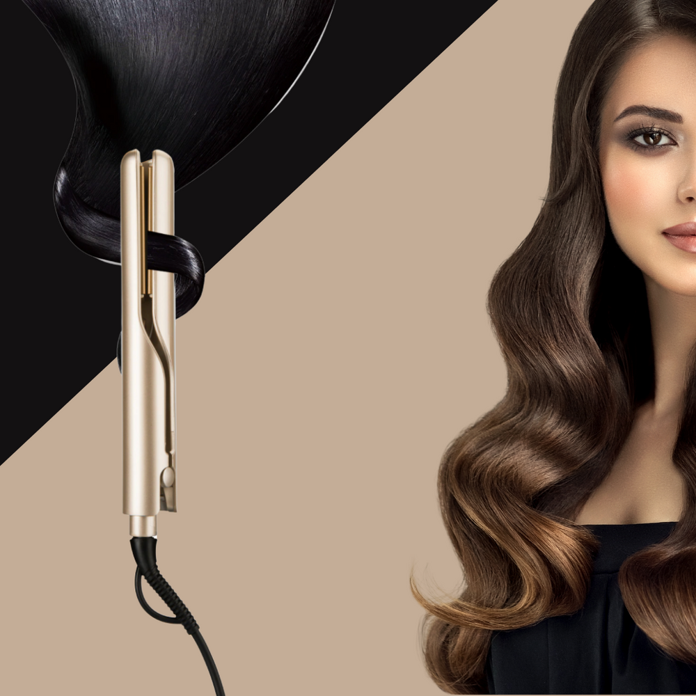 Frau mit wunderschönen Locken, die mit dem 2-in-1 Lockenstab kreiert wurden. Schneller Keramik-Hairstyler für Damen.