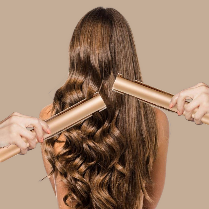 Eleganter 2-in-1 Hairstyler auf dem Frisiertisch. Glätteisen & Lockenstab für schnelle & vielseitige Damen-Frisuren.