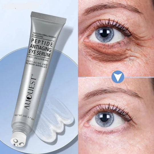 Frau trägt belebende Anti-Aging Augencreme auf. Spendet Feuchtigkeit, reduziert Falten & dunkle Augenringe.