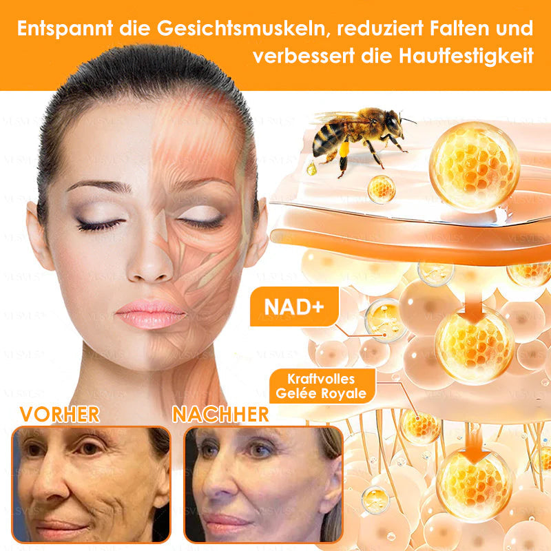 Nahaufnahme: Straffende Anti-Aging Gesichtscreme für Frauen mit Bienenpeptid. Für glatte, erneuerte Haut.