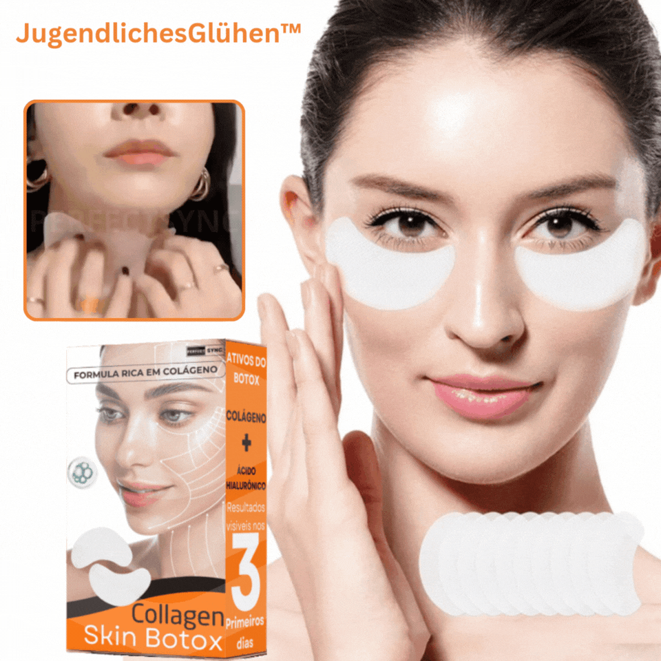 Frau trägt feuchtigkeitsspendende Anti-Aging Gesichtsmaske mit Kollagen & Hyaluronsäure für glatten Teint.