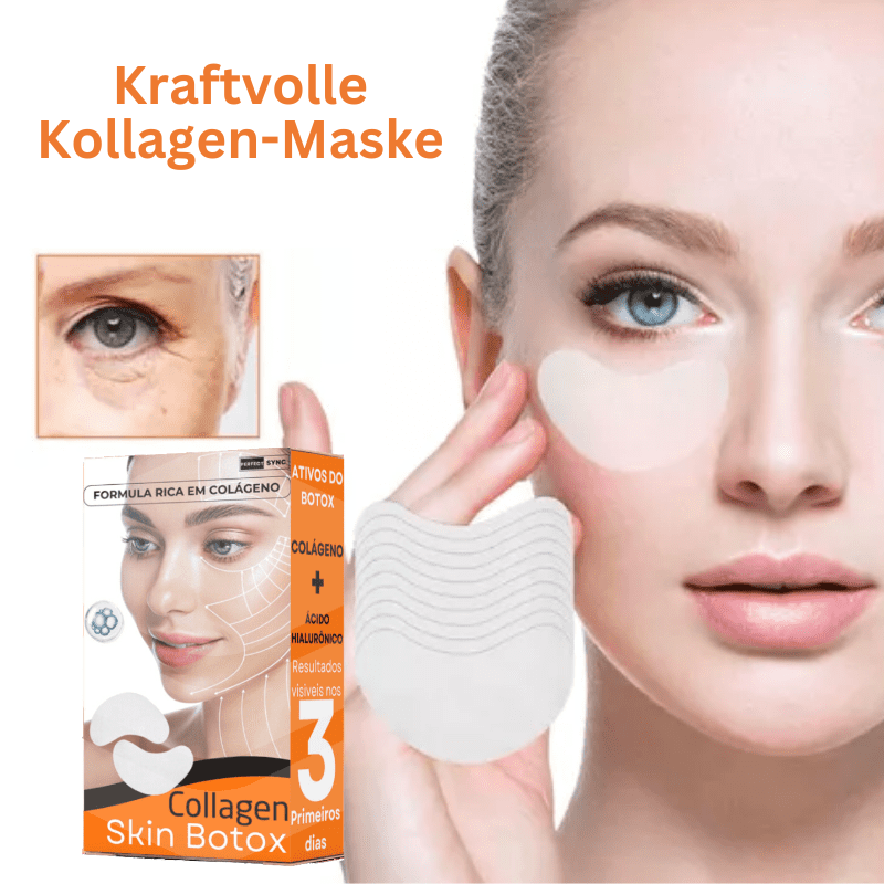 Hand präsentiert Damen Anti-Aging Gesichtsmaske, angereichert mit Kollagen & Hyaluronsäure für den Teint.