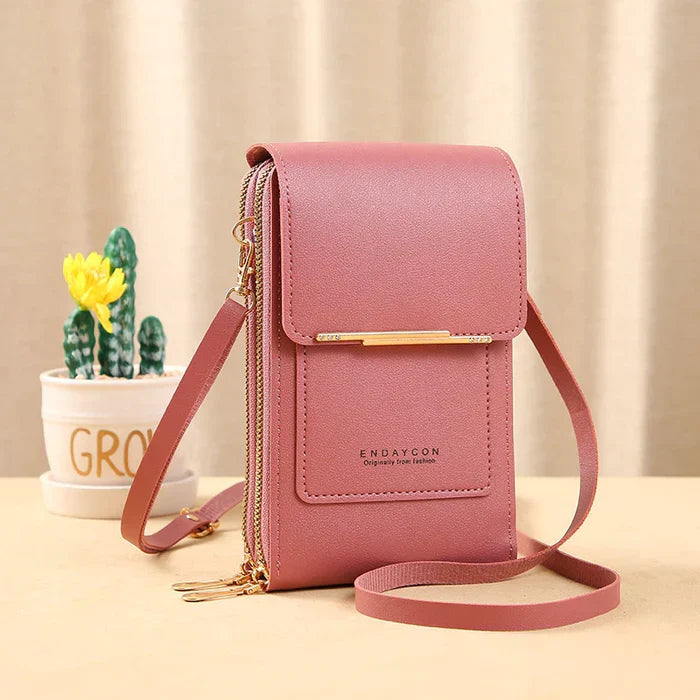 Detailansicht der Damen Crossbody-Tasche mit wasserdichtem Material und Anti-Diebstahl-Reißverschlüssen.