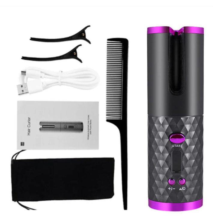 Frau stylt Haare mit dem kabellosen Automatik-Lockenstab für mühelose Locken.