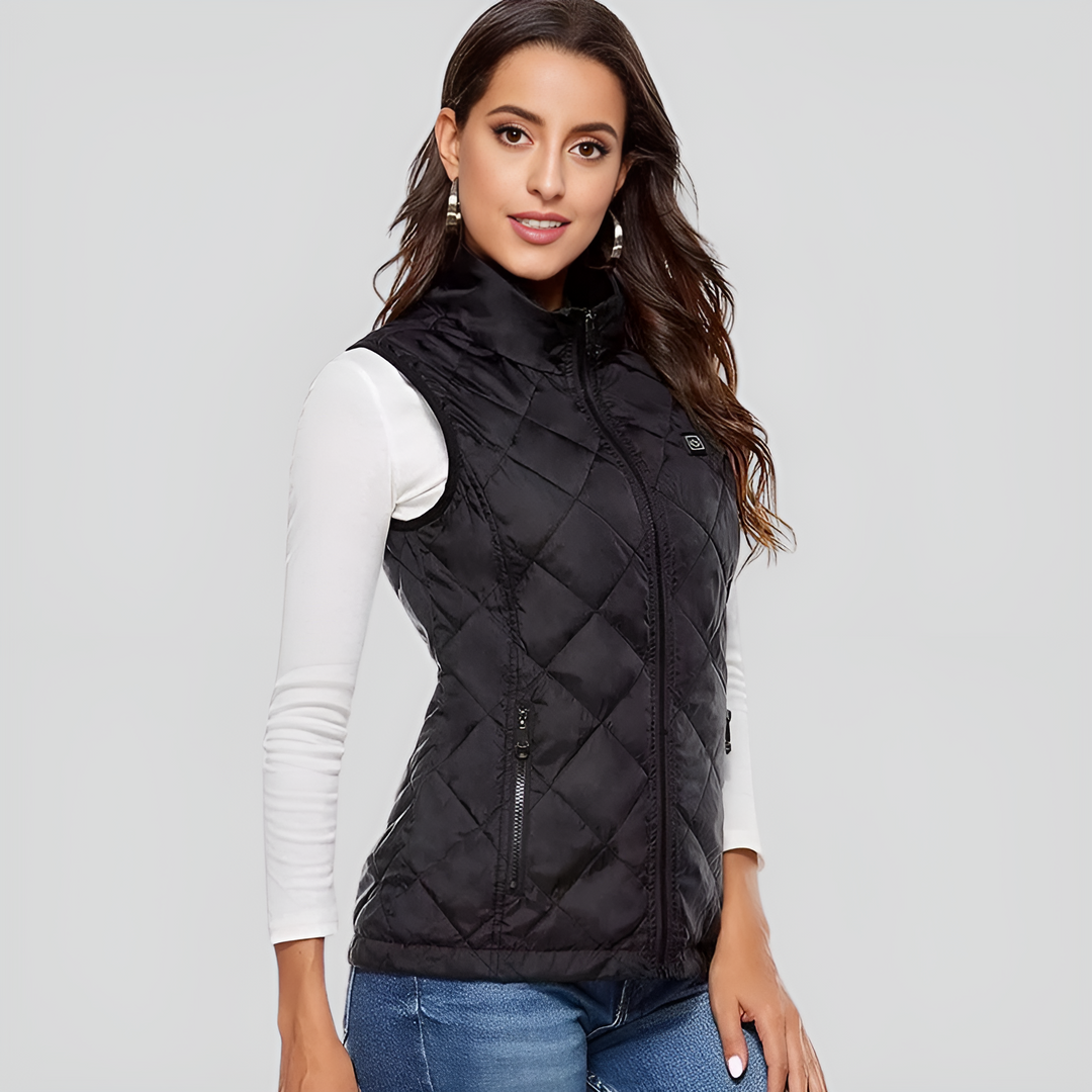 Bequeme Damen Heizweste schwarz mit 9 Heizzonen. Perfekt für Outdoor & Winterkleidung mit Doppelsteuerung.