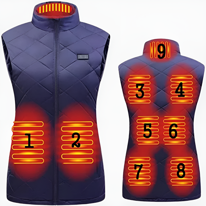 Innovative Damen beheizbare Weste mit 9 Heizzonen, Doppelsteuerung. Ideal für Sport, Outdoor & kalte Tage.