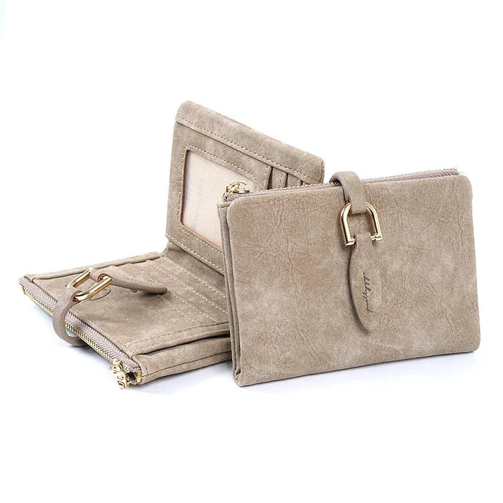 Kleine, elegante Damenbrieftasche mit mattem Finish und Druckknopfverschluss.