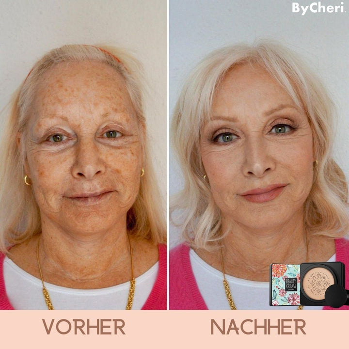 Close-up der Cushion Foundation Textur. Mattierendes Airbrush Make-up für jeden Hauttyp.