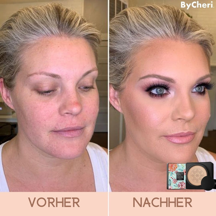 Verpackung der Damen Cushion Foundation. Kosmetik für einen natürlichen, langhaltenden Teint.