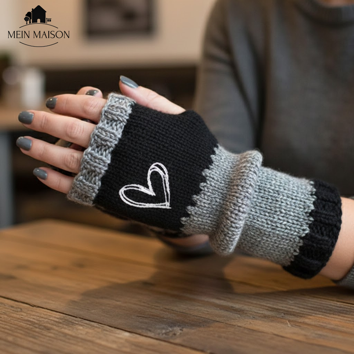 Damen fingerlose Strickhandschuhe mit rotem Herzmotiv, warm & gemütlich für Herbst/Wintermode.