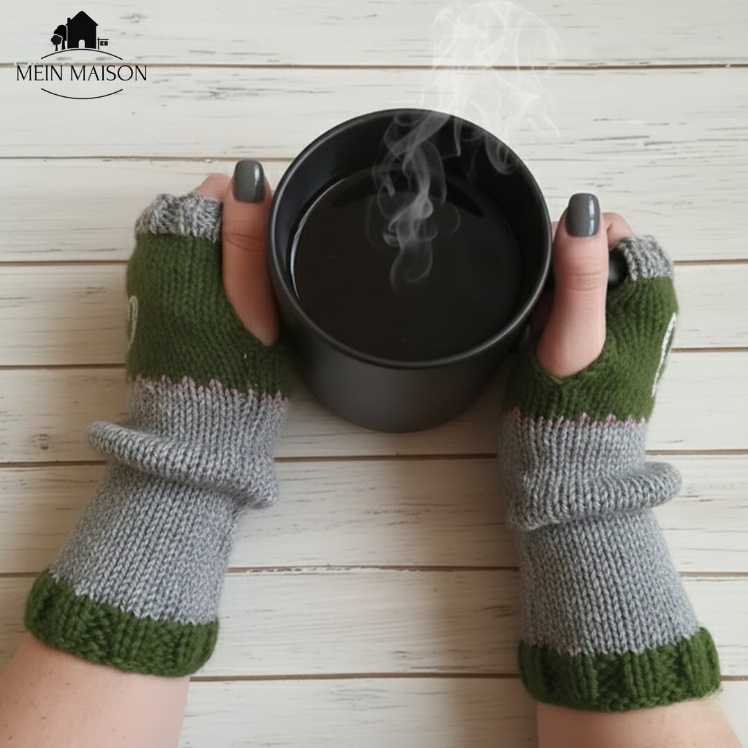 Nahaufnahme: Fingerlose Strickhandschuhe für Damen mit detailreichem Herzmuster, weich & warm.